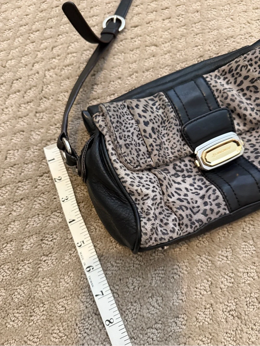 B. Makowsky Black Leather Crossbody Bag with Gray Leopard Print